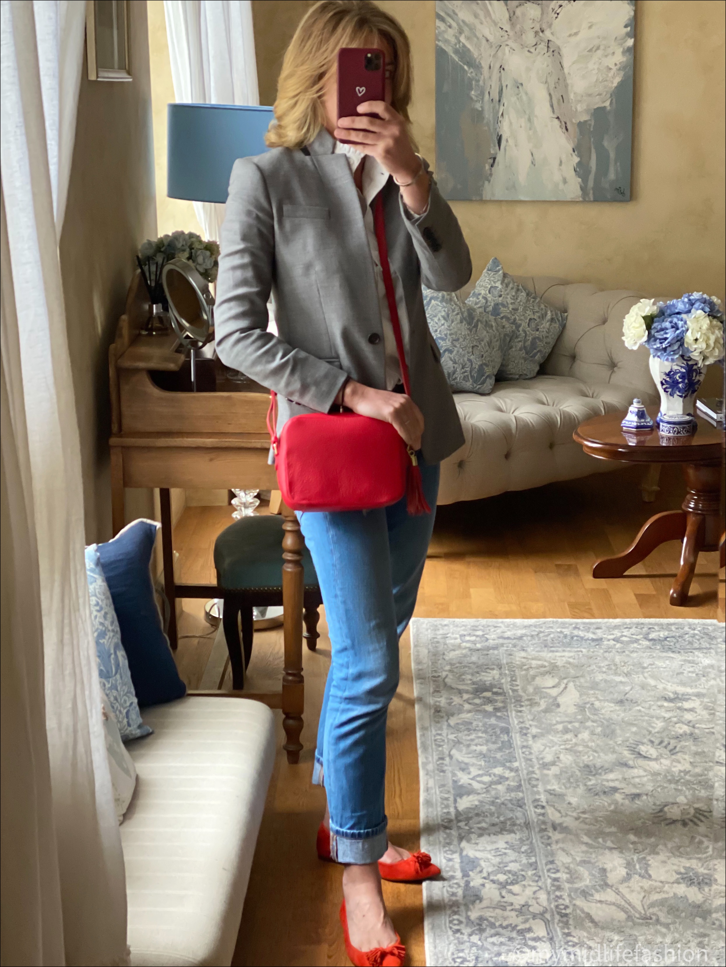 my midlife fashion, baukjen Sadie organic shirt, aurora London Gigi crossbody bag, no 44 boyfriend jean, j crew grey blazer, j crew suede tassel flat ballet pumps