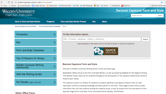 A screen shot of the front page of the new Form and Style Website for Walden University capstone writers