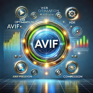 A modern digital representation of the AVIF image file format. The image features a futuristic, high-tech feel with sleek, vibrant graphics, including a glowing AVIF logo in the center, surrounded by icons symbolizing web optimization, HDR support, compression, and animation, set against a gradient blue and green background representing innovation and technology