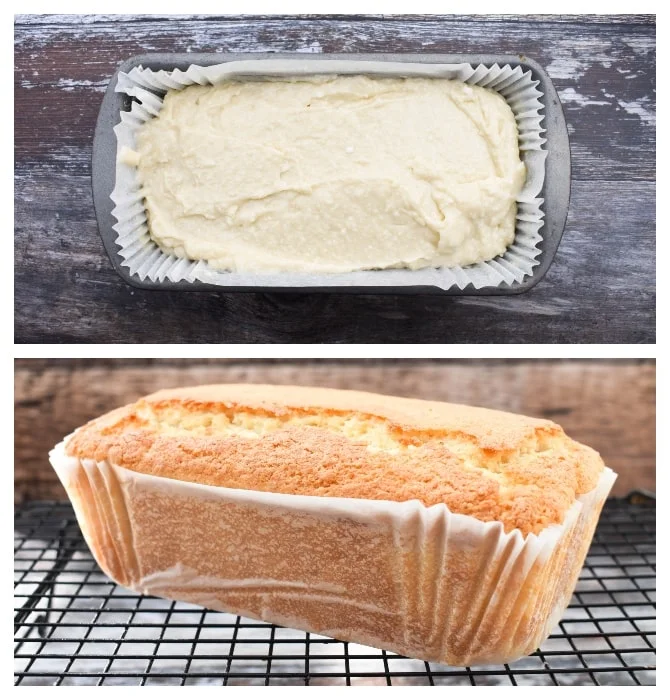 Making coconut cake - step 4 - mixed cake batter in loaf tin, then baked cake