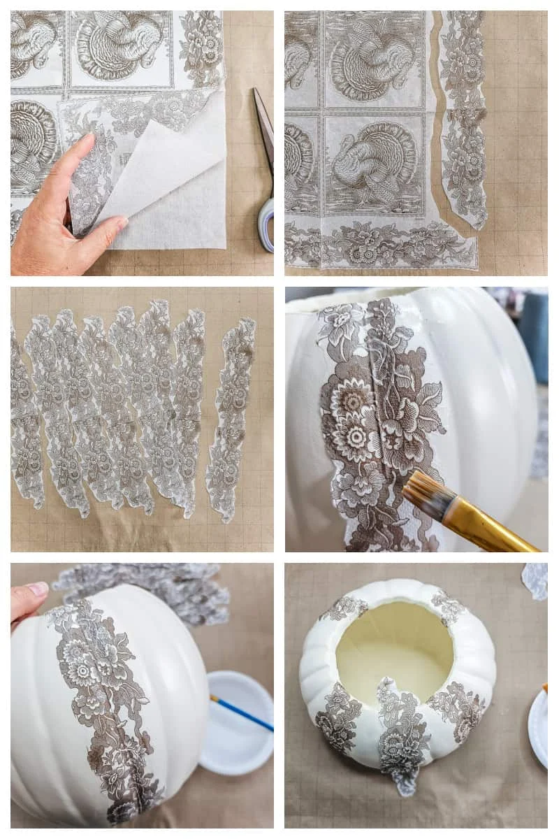 steps to decoupage a pumpkin with napkin pieces