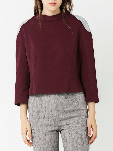  Burgundy Casual Stand Collar H-line Cotton-blend Cropped Top