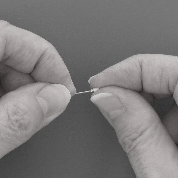 thumb and index finger of two hands hold ball head pin that is placed against a quilled tight coil