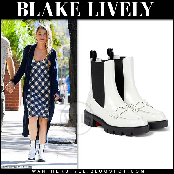 Blake Lively in black and white ankle boots and black and white dress