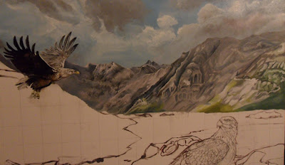 Work in Progress, Underpainting. Source shows close up of Mid mountains complete.