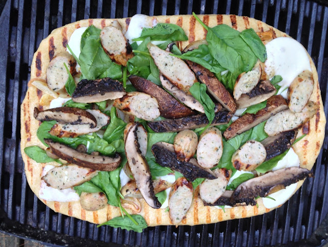 Grilled Pizza with Spinach, Portobellos, and Sausage