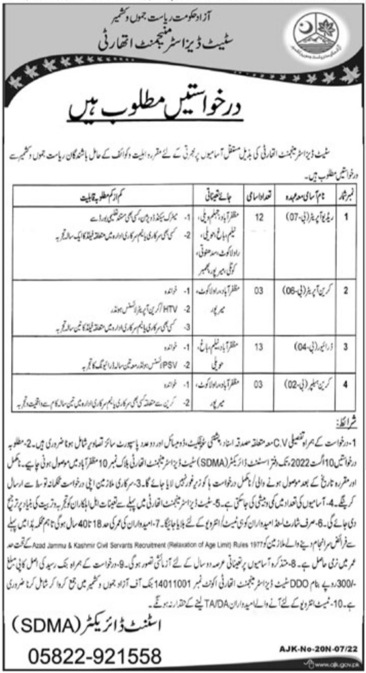 Latest State Disaster Management Authority SDMA Management Posts Muzaffarabad 2022