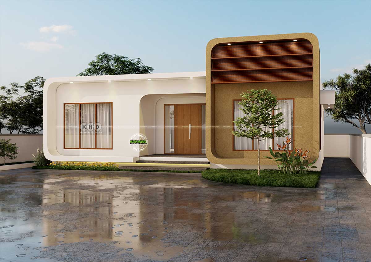 Fluidic Home Design in Kerala - Exterior View with Mud Textured Show Wall and Wooden Detailing
