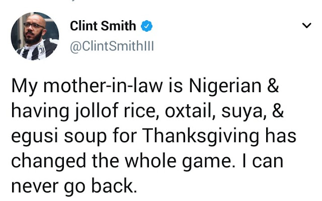 This African-American says his Nigerian Mother in law has changed the thanksgiving menu and he loves it