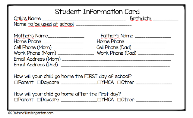 Free Download of student information card.  Great to hand out on the very first day of school or at kindergarten orientation.