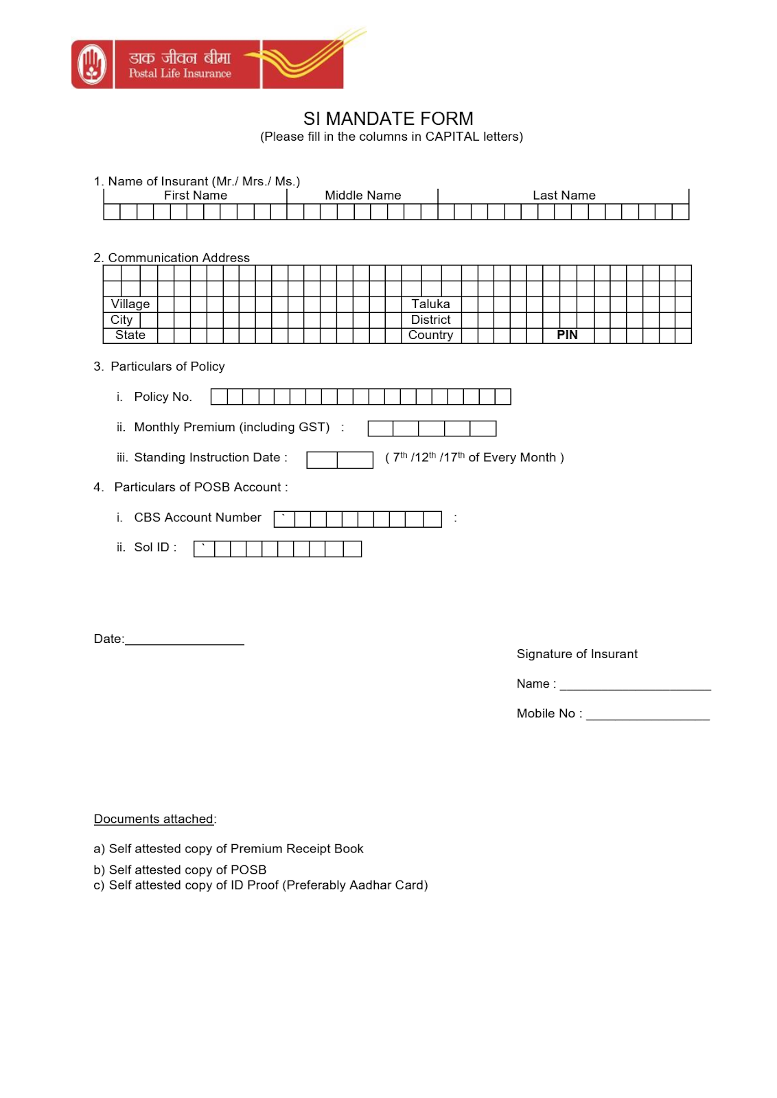 Standing Instruction (SI) mandate form for POSB