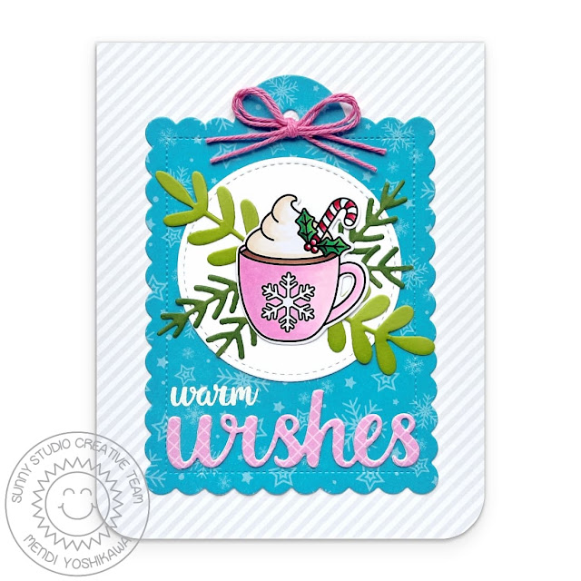 Sunny Studio Warm Wishes Hot Cocoa Mug Holiday Card (using Merry Mocha Stamps, Scalloped Square Tag, Wishes Word, Winter Greenery & Stitched Circle Dies, & Joyful Holiday Paper)