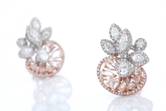 01 Entice Irresistible_ ear studs with marquise, pear & round diamonds along with rose cut diamonds in rose & white gold