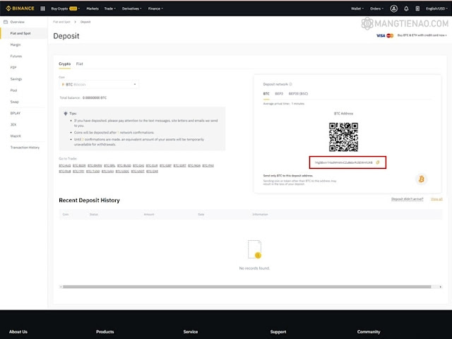 Gửi tiền fiat và tiền ảo trên sàn Binance