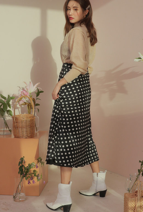 Polka Dot Print A-Line Midi Skirt
