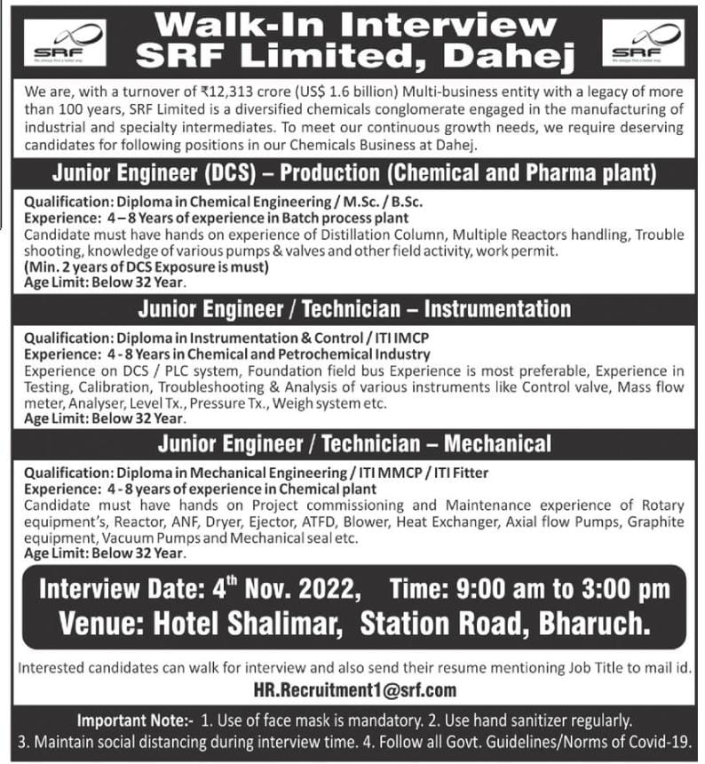 Job Availables, SRF Ltd Walk-In Interview for Diploma In Chemical/ Mechanical Engineering/ Instrumentation/ MSc/ BSc/ ITI IMCP/ MMCP/ Fitter