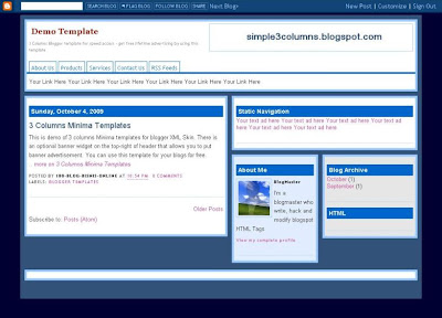Simple 3 Columns Blue Template For Blogger