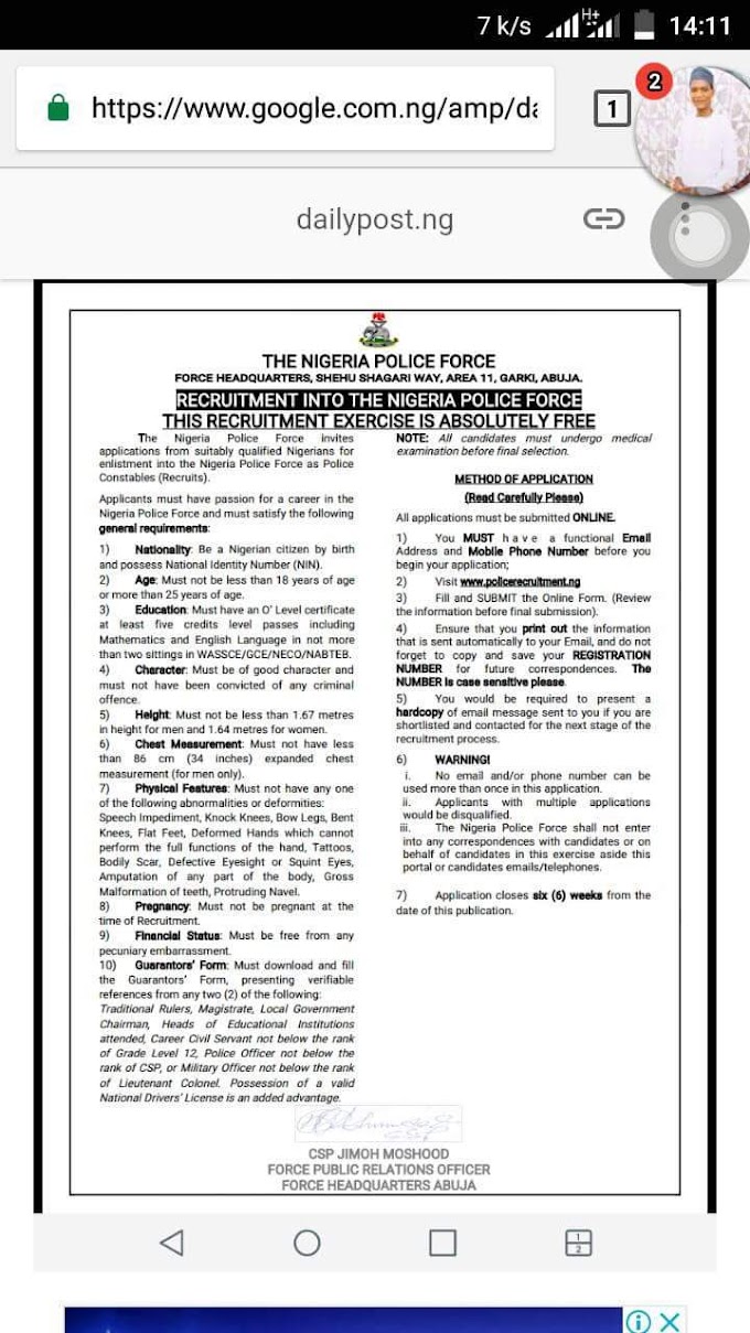RECRUITMENT INTO NIGERIAN POLICE FORCE 2018