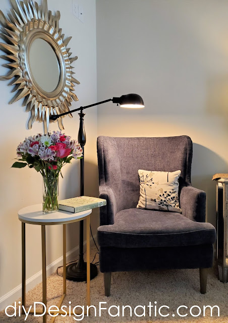 Master Bedroom, Master Bedroom decorating, Modern Wing chair, navy upholstered chair, navy wing chair, cottage style