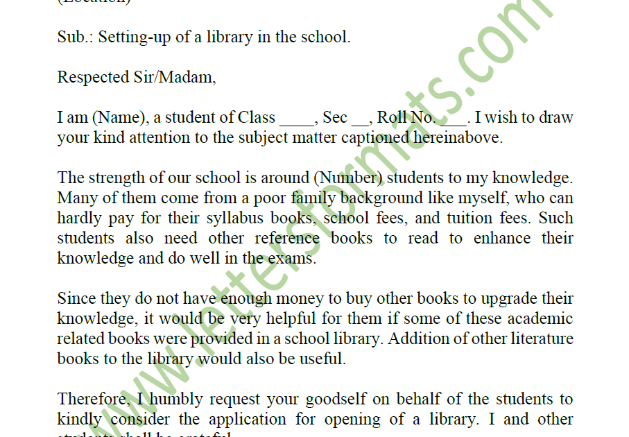 Letter to the Principal about the Need of a Library in the School