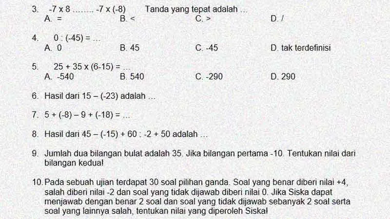 Soal Matematika Kelas 6 KD 3.2 Operasi Hitung Bilangan Bulat Negatif