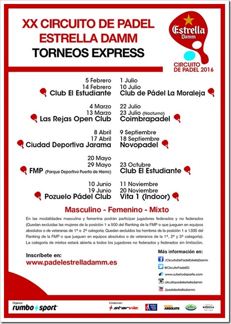 Vuelve a su cita anual el Circuito de Pádel Estrella Damm 2016 a la Comunidad de Madrid: TORNEOS EXPRESS