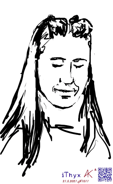 Девушка, с наполовину осветленными волосами, собранными резинками на голове, увидевшая что-то в телефоне. Линейный рисунок на телефоне сделал художник Андрей Бондаренко @iThyx_AK
