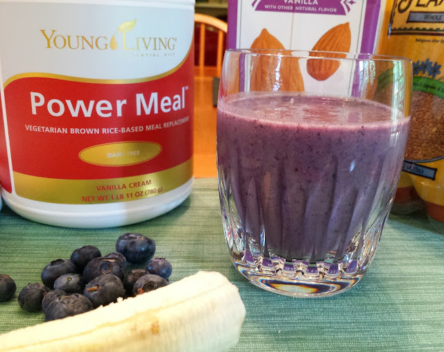 Power Smoothie Recipe using fresh berries, bananas, almond milk, and power meal. 