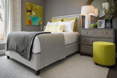 yellow green accents , gray bedroom , texture 