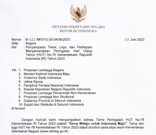Surat Edaran Menteri Sekretaris Negara tentang Pedoman Peringatan HUT Ke-78 Kemerdekaan RI Tahun 2023