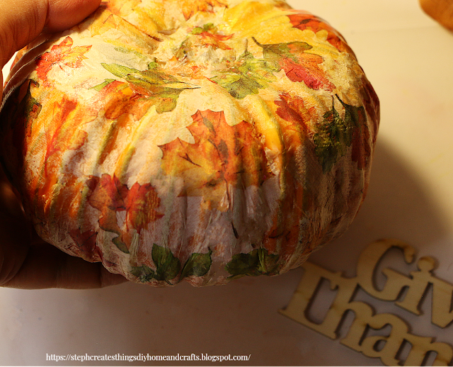 Decoupage pumpkin with decorative leaf napkin design