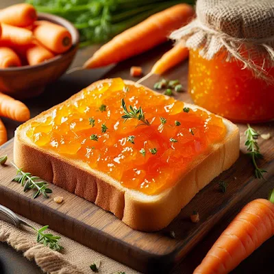 Auf dem Bild ist ein Glas mit Orangen-Karotten-Marmelade aus Omas Kochbuch und eine Scheibe Weißbrot belegt mit Orangen-Karotten-Marmelade zu sehen. Die Marmelade sieht sehr fruchtig, lecker und appetitlich aus.