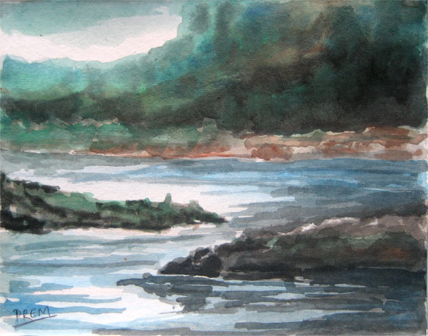 Watercolor Painting of Riverside Landscape