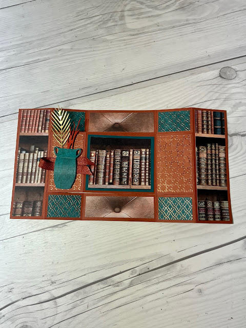 Tri-fold card laid flat to see panels with All Around Autumn designer Series Paper and Earthen Textures Die Cuts from Stampin' Up!