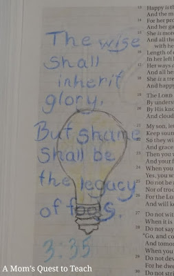 "The wise shall inherit glory, But shame shall be the legacy of fools" bible journaling image; with drawn light bulb