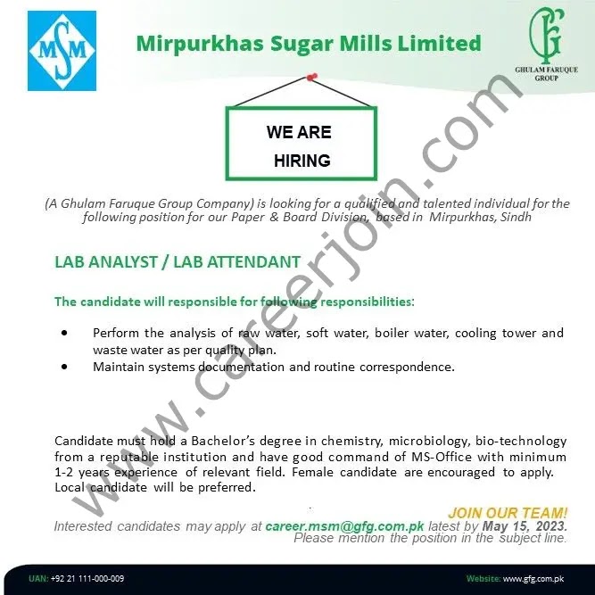 Mirpurkhas Sugar Mills Ltd Jobs Lab Analyst / Lab Attendant