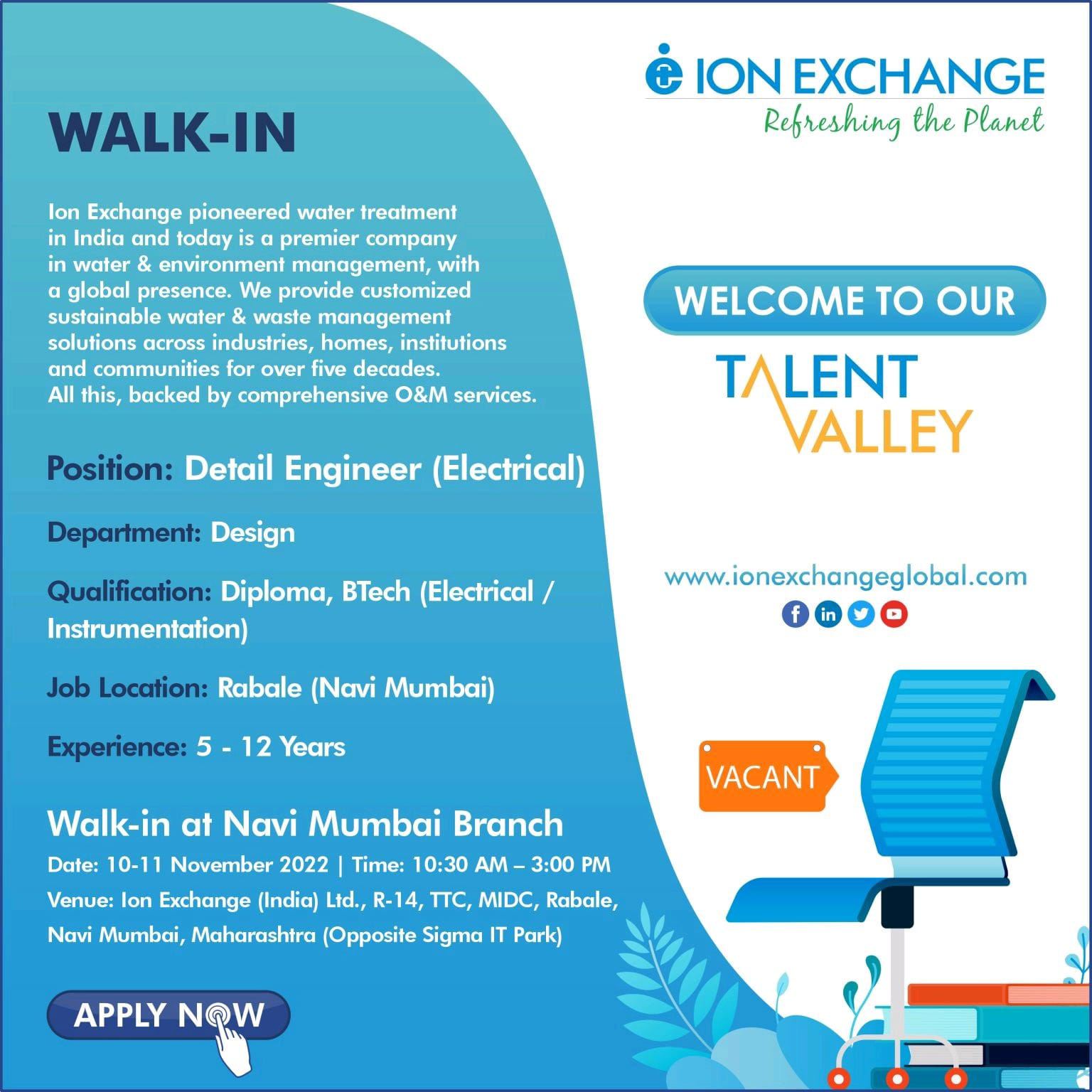 Job Availables, lon Exchange Walk-In Interview for Diploma/ B Tech/ BE/ Chemical/ Mechanical/ Electrical/ Instrumentation Engineer