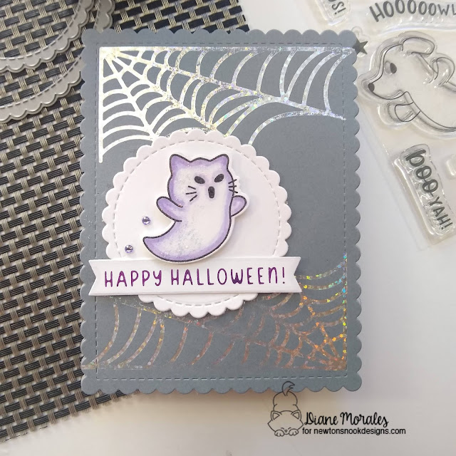 Ghost Cat Halloween Card by Diane Morales | Ghostly Good Times Stamp Set, Spiderweb Hot Foil Plates, Spooky Sentiments Hot Foil Plates, Circle Frames Die Set, Banner Duo Die Set and Frame & Flames Die Set by Newton's Nook Designs