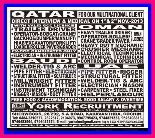 Urgent Vacancies for Qatar, Oman, KSA & UAE