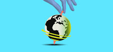 This image shows a blue gloved hand holding a spinning globe against a blue background. The globe symbolizes the Earth, and the hand - humanity. The image can be interpreted in different ways, but it is probably intended to convey the idea that the Earth is in the hands of humanity and that we are responsible for its future.