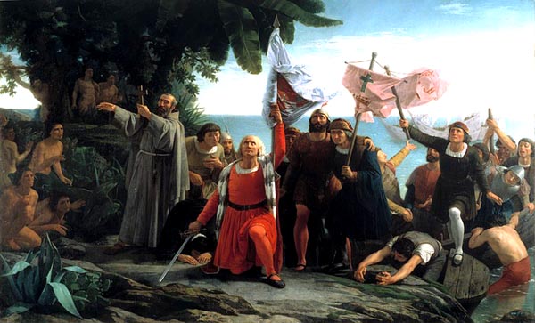 a red-robed man, sword in hand, kneels as others in old-fashioned armor, and a gray-robed priest, stand around him. Some hold banners, others are crawling out of the water, and a number of native peoples look on