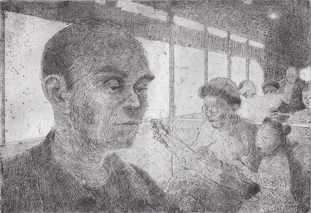 Etching of streetcar interior with pensive man in foreground, mother reading large book wile her daughter looks on, other passengers in background.