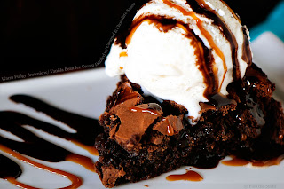 warm brownie and vanilla ice cream