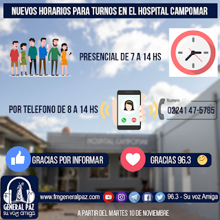 Horarios para solicitar Turno en el Hospital Campomar a partir del martes 10 de Noviembre