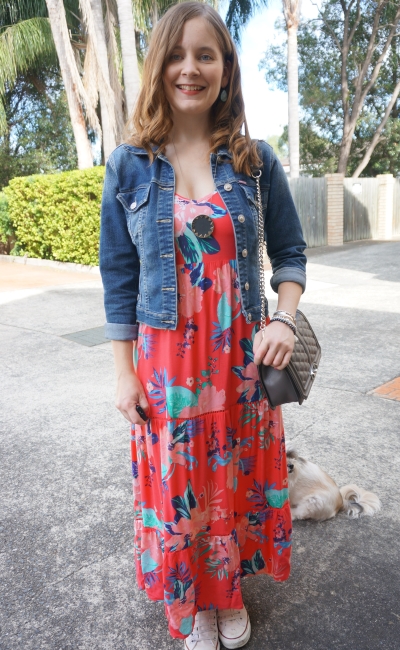 denim jacket, floral coral maxi dress and white COnverse Chucks, RM Love Bag | Away From Blue