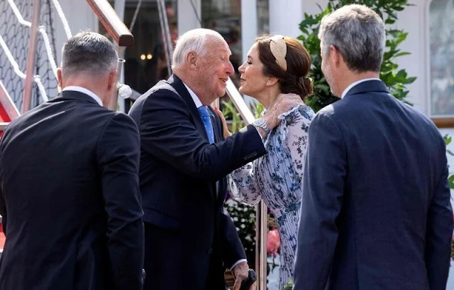 Crown Princess Mary wore a new Narella hogarth print pleated chiffon dress by Erdem. Queen Sonja wore a coral jacket