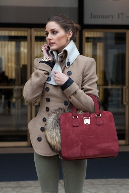 Red purse and light brown jacket style for ladies