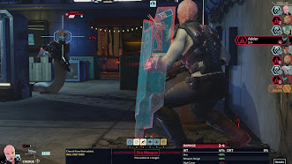 Image of the human hybrid Cherub who is armed with a energy shield and a pistol. He is taking aim at  an enemy viper with target reticule aiming at their head