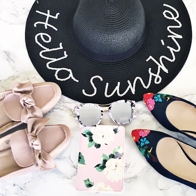 affordable fashion finds for spring hello sunshine straw hat blush bow mules ban.do passport floral denim flats guess marble statement sunglasses