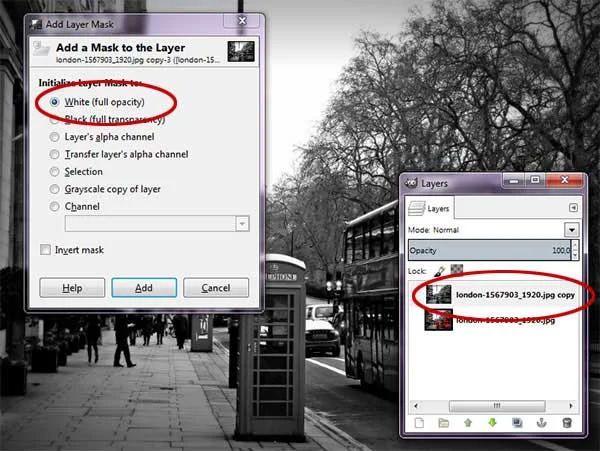 The Add Layer Mask dialog box. Make sure the Black & White layer is selected in the Layers dialog.